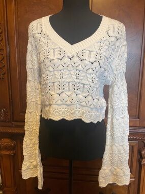 Jessica Simpson White Crochet V-Neck Cropped Sweater Size Large